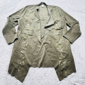 Chicos Jacket Size M/8 Chicos Size 1‎ Drape Jacket Green Faux Suede Embroidered
